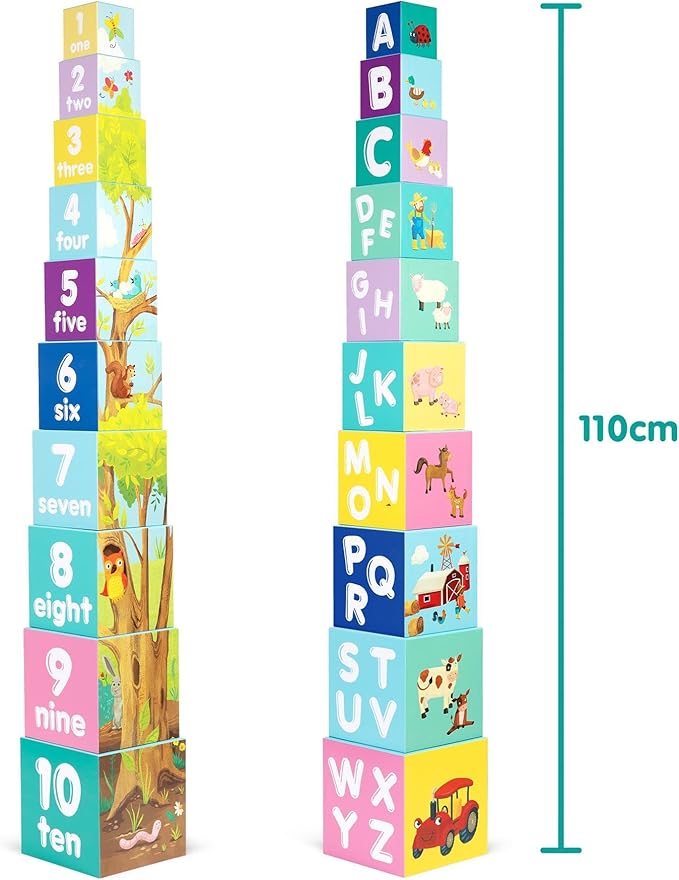 Baby Stacking Blocks Farmyard Animal Toys with Letters and Numbers, Montessori Cubes for Toddlers