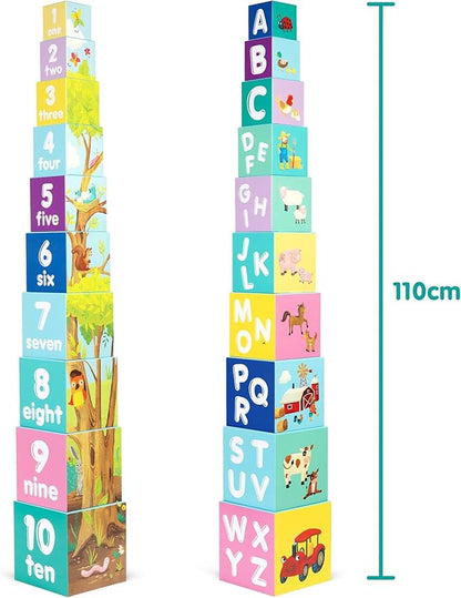 Baby Stacking Blocks Farmyard Animal Toys with Letters and Numbers, Montessori Cubes for Toddlers