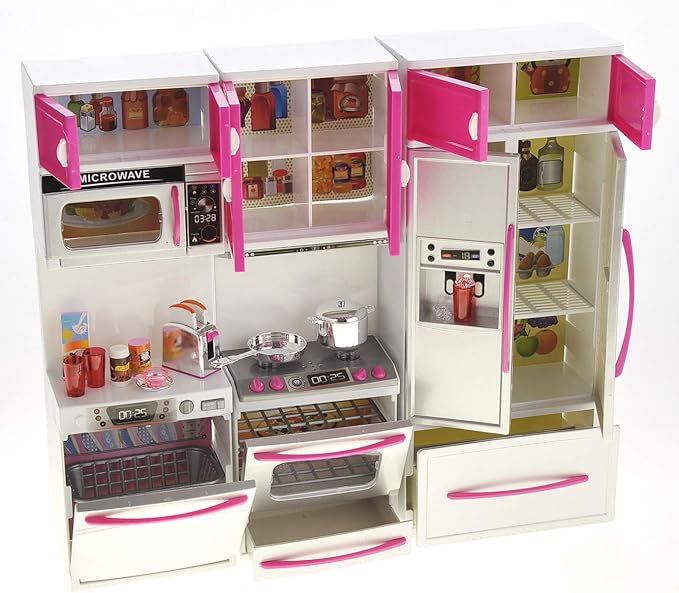 Doll Kitchen Playset, Mini Modern Kitchen Toys Pretend Play Furnitures Toy Sets Accessories Set with Realistic Light & Sound for Kids Toddlers Girls (3-in-1)