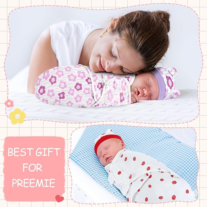 Buryeah 4 Pack Preemie Swaddle Blanket Wrap Set with Hat for Baby Boys Girls 3-7 Lbs Preemie Newborn Clothes Sleepers Cap
