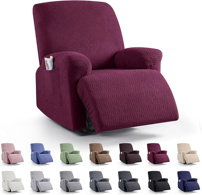 KinCam Recliner Covers, Stretch Reclining Chair Covers, Recliner Sofa Slipcovers Stripe Jacquard Recliner Couch Covers Furniture Protector Covers for Pet Kid (1 Seater, Burgundy)
