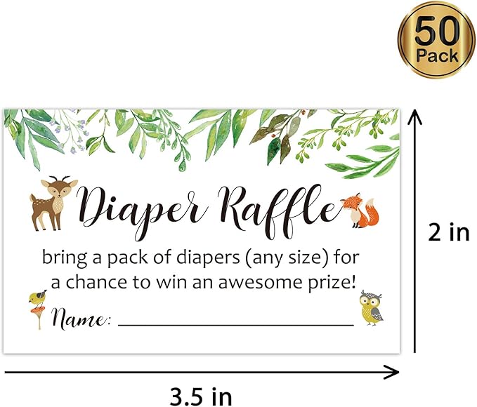 Diaper Raffle Tickets Woodland Baby Shower Game Invitations Insert for Boy Girl, Bring a Pack of Diapers to Win Favors 3.5" x 2", Pack 50