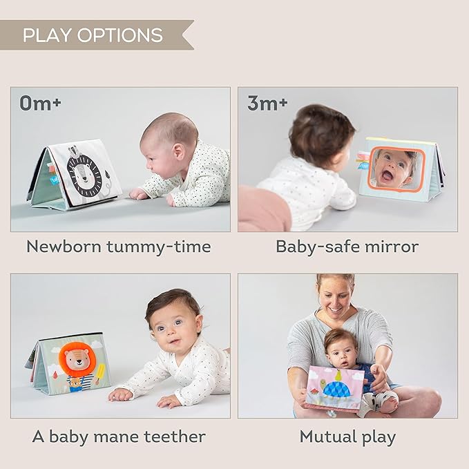 Taf Toys Savannah Infant Tummy-time Soft Crinkle Activity Book with Huge Baby Safe Mirror, 3D Activities