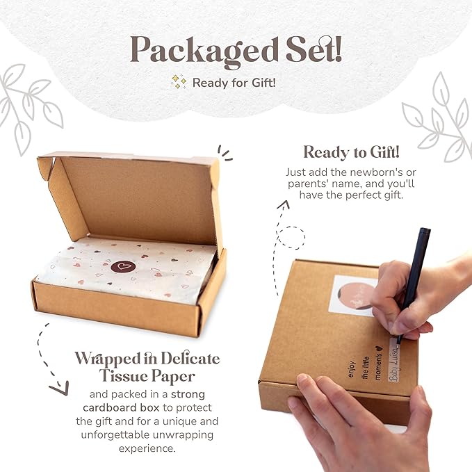 Mikito Organic Cotton Newborn Gifts Box, Baby Gifts Unisex incl. Muslin Baby Lovey Comforter + Baby Bandana Bib Drool + Wooden Baby Teether + Birth Announcement Sign
