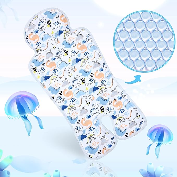 Pinkunn 2 Pcs Gel Car Seat Cooling Pad for Baby Summer Breathable Ice Cushion Multifunctional Ice Stroller Cooler Mat for Stroller Baby Dining Chair Child Safety Seat(Vibrant Color,Dinosaur, Sea)