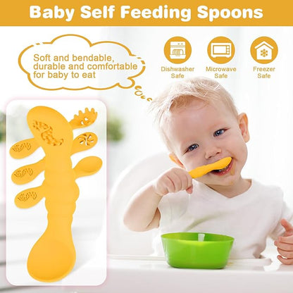 Silicone Baby Spoons Self Feeding 6+ Months 3PCS Toddler Forks and Spoons Utensils Baby Led Weaning Teething Spoon Infant Spoons First Stage Newborn Baby Essentials Baby Gifts Yellow