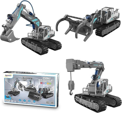 STEM Building Block Assembly Toy Set for Kids 8-12 Years Old - 3-in-1 Hydraulically Powered Construction Toy Including Excavator, Crane, and Timber Loader,Stem Toys for Age 8-12 Boys＆Girls