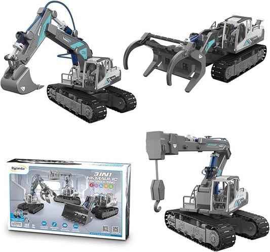 STEM Building Block Assembly Toy Set for Kids 8-12 Years Old - 3-in-1 Hydraulically Powered Construction Toy Including Excavator, Crane, and Timber Loader,Stem Toys for Age 8-12 Boys＆Girls