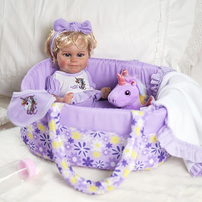 JIZHI 7 Pcs Reborn Baby Doll Clothes with Baby Doll Accessories Set for 8-9-10 Inch Dolls, Floral Pattern Baby Doll Bassinet and Unicorn Toy for Realistic Baby Doll Girls