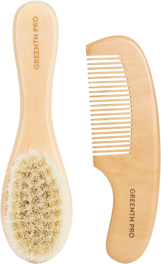 Baby Hair Bush and Comb Set -Nature Lotus Wood with Soft Goat Bristle and Pear Wood Comb for Newborns & Toddlers, Ideal for Cradle Cap