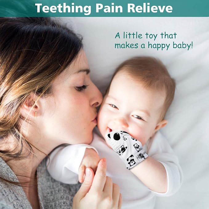 Baby Teething Mitten Panda Teether Mitten with Baby Toothbrush & Toy(2 Mittens