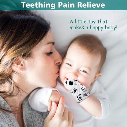 Baby Teething Mitten Panda Teether Mitten with Baby Toothbrush & Toy(2 Mittens
