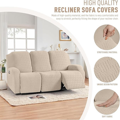 KinCam Recliner Covers, Stretch Reclining Chair Covers, Recliner Sofa Slipcovers Stripe Jacquard Recliner Couch Covers Furniture Protector Covers for Pet Kid (3 Seater, Vanilla)