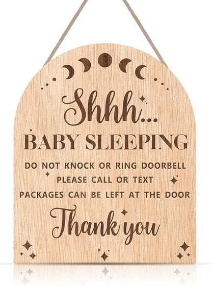 OLMIXA Baby Sleeping Wooden Hanging Sign for Front Door (9.8x12inch), Do Not Knock or Ring Door Knob Hanger Sign