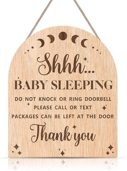 OLMIXA Baby Sleeping Wooden Hanging Sign for Front Door (9.8x12inch), Do Not Knock or Ring Door Knob Hanger Sign