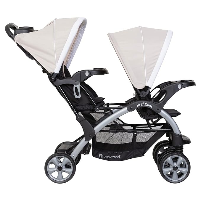 Baby Trend Double Infant and Toddler Stroller w/ Harness and Basket, Sit N' Stand, Khaki