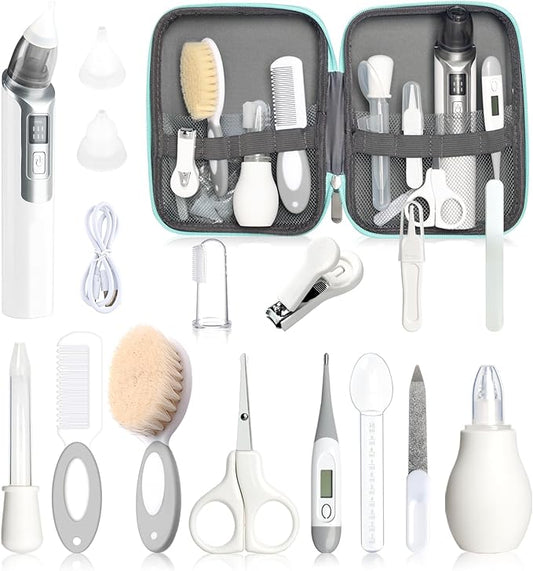 Baby Grooming Kit, Infant Safety Care Set with Baby Nose Aspirator，Baby Hair Brush Comb Nail Clipper Nasal Aspirator,Baby Essentials Kit for Newborn Girls Boys (17 Pc Grey White Kit)