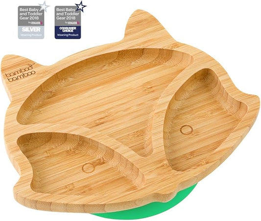 Bamboo Baby Plate with Suction - Kids and Toddler Suction Cup Plate for Babies, Non-toxic All-Natural Bamboo Baby Food Plate Stays Cool to the Touch for Baby-Led Weaning (Fox-Green)