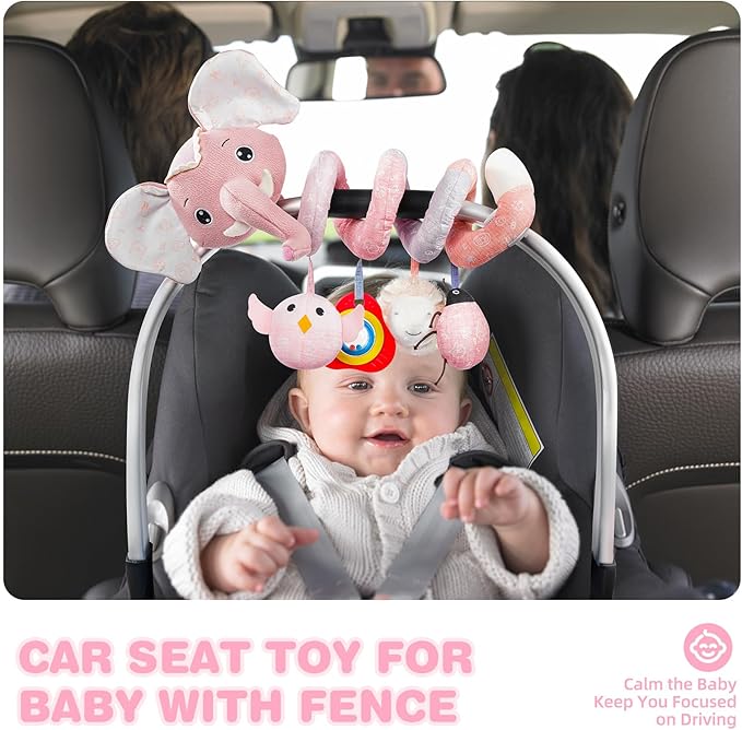 Jollybaby Baby Car Seat Stroller Toys, Plush Activity Hanging Spiral Activity Pram Crib with Music Box, Rattles, Squeaker for Babies Infant Boys Girls(SZ Pink Elephant)