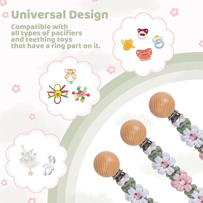 Pacifier Clip for Boys Girls Floral Daisy Macrame Baby Paci (1pack:Misty Rose)
