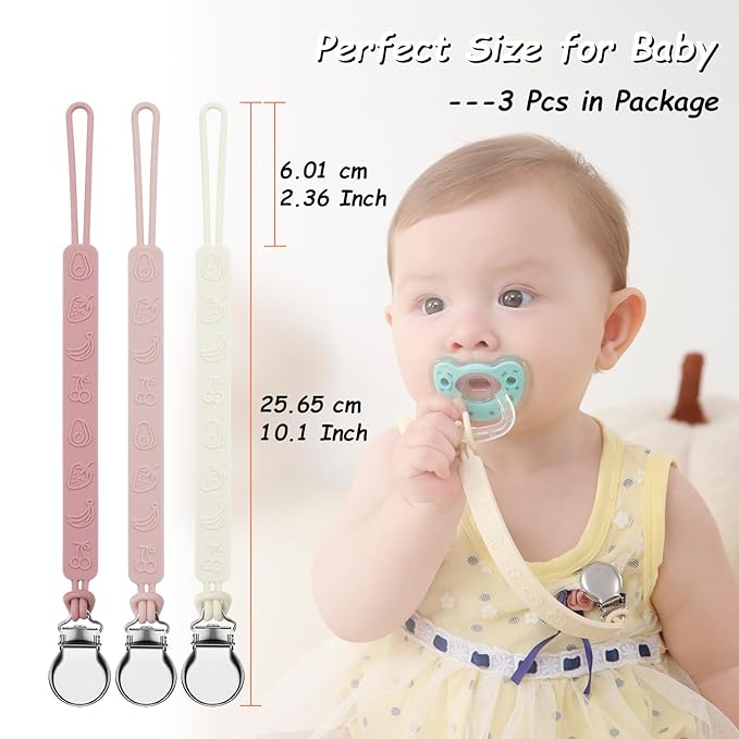 Silicone Pacifier Clip, Seposeve Pack of 3 Baby Pacifier Teether Clip with 4 Texture