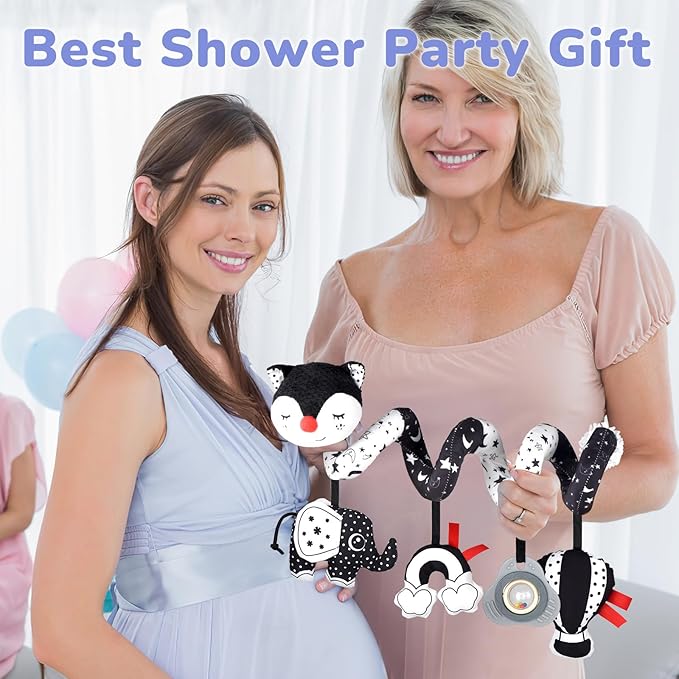 XIXILAND Musical Car Seat Toys Black and White Baby Toys, Infant Toys 0-6 Months Stroller Toys Newborn Toys, High Contrast Baby Toys for Newborn, Gift for 0 3 6 9 12 Months Girls Boys Babies