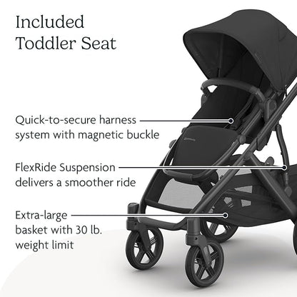 UPPAbaby Vista V3 Stroller - Full-Size Single-to-Double Stroller System - Toddler Seat, Bug Shield, Rain Shield, and Storage Bag Included - Jake (Charcoal/Carbon Frame/Black Leather)