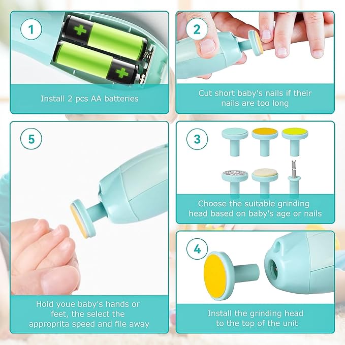 Baby Nail Electric Trimmer with with a Nail Clipper, Polish Grooming Kit with 6 Grinding Head - LED Light Safe Nail Clippers Nail File Kit for Infant Toddler or Adults Toes and Fingernails