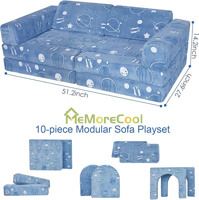 MeMoreCool Kids Couch, 10-Piece Modular Play Couch for Playroom, Fold Out Kids Sofa for Girl Boy, Glow Space