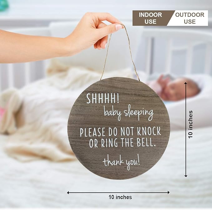 KIND FATE Baby Sleeping Sign for Front Door Do Not Knock or Ring Doorbell Sign | New Mom Gifts Do Not Disturb Door Hanger Sign 10" Round