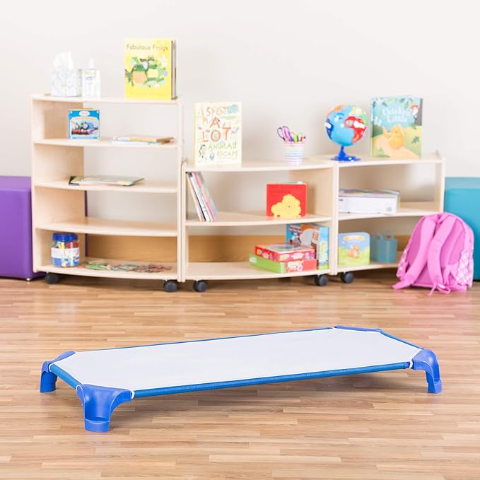 Sprogs Heavy-Duty Stackable 40"L Daycare Cots for Toddlers Ages 1 to 2, Stacking Preschool Classroom Toddler Cots for Sleeping, Resting, Naptime, Pack of 6, Blue