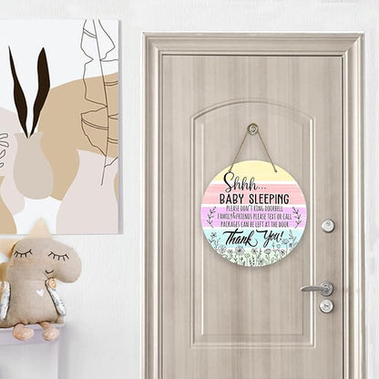 Deroro Shhh Baby Sleeping Watercolor Front Door Sign, Please Don't Ring Doorbell Wood Door Hanger Outdoor Outside Porch Baby Room Decor