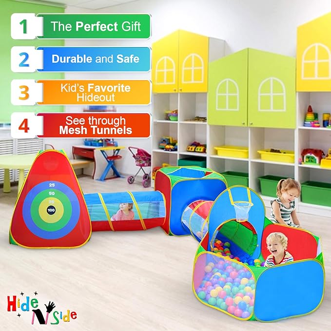 Hide N Side 5pc Kids Ball Pit Tents and Tunnels, Toddler Jungle Gym Play Tent with Play Crawl Tunnel Toy 4 Dart