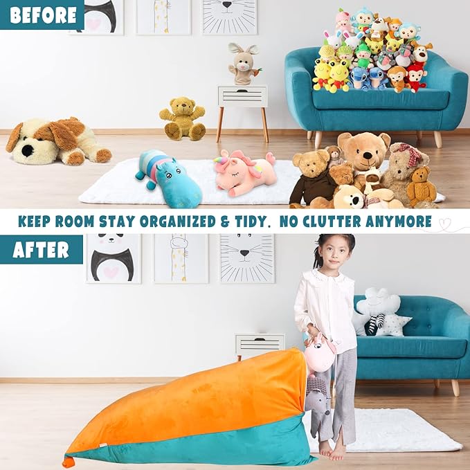 LOLOMLO Stuffed Animal Storage Bean Bag Chair Cover, Velvet Turquoise Orange Plush Toy Storage Stuff and Sit Seat for Kids/Teens/Adults, 52" x 31" Extra Large Triangle Sofa, 200L/52Gal, Cover Only