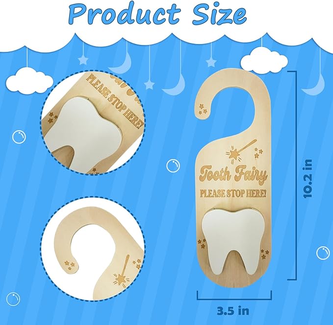 PAMBO Tooth Fairy Tooth Holder, Wooden Tooth Keepsake Door Hanger 3D |