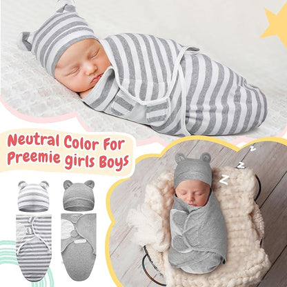 Buryeah 4 Pack Preemie Swaddle Blanket Wrap Set with Hat for Baby Boys Girls 3-7 Lbs Preemie Newborn Clothes Sleepers Cap