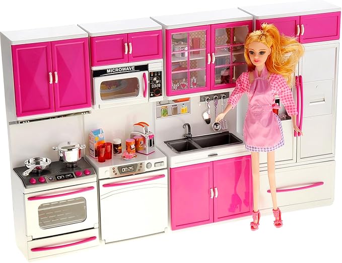 PowerTRC Doll Kitchen Play Set, Mini Modern Toy Pink Kitchen Pretend Furnitures Toy Set Accessories Set with Realistic Light & Sound for Kids Toddlers Girls (4-in-1 w/ 11.5” Doll)