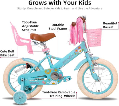 JOYSTAR Little Daisy Kids Bike for Girls Boys Ages 2-7 Years, 12 14 16 Inch Girls Bikes with Doll Bike Seat & Streamers