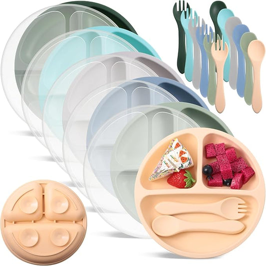 Meanplan 6 Pack Suction Plates for Toddlers with Lids Silicone Baby Plates set Food Grade Silicone Divided Design BPA Free Microwave and Dishwasher Safe Assorted Colors(Mixed Colors)