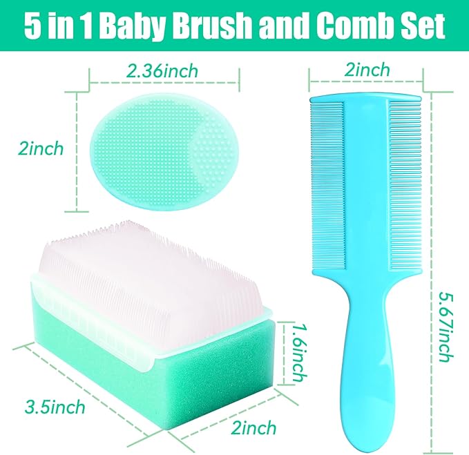 Cradle Cap Brush for Babies, 5Pcs Cradle Cap Treatment Set with Soft Bristle Brushes Silicone Scrubber Long Comb for Newborn Bathing Essentials Baby Brush and Comb Set (Green)