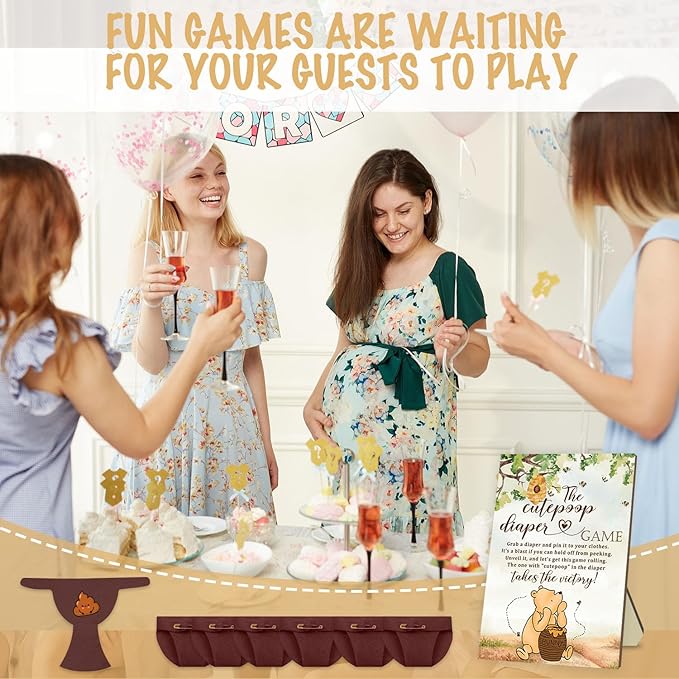 Winnie Baby Shower Games Set - Winnie Wooden Baby Shower Sign with 50 Pcs Mini Felt Diapers Brown, The Cutepoop Diaper Baby Shower Game