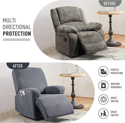 KinCam Recliner Covers, Stretch Reclining Chair Covers, Recliner Sofa Slipcovers Stripe Jacquard Recliner Couch Covers Furniture Protector Covers for Pet Kid (1 Seater, Dark Gray)
