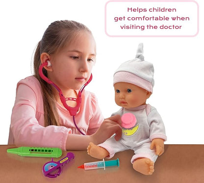 10" Baby Doll Doctor Set for Kids- Toy Nurse Kit for Toddler, Little Girl – Playset Pack with Checkup Accessories & Newborn Doll in Unicorn Hospital Clothes