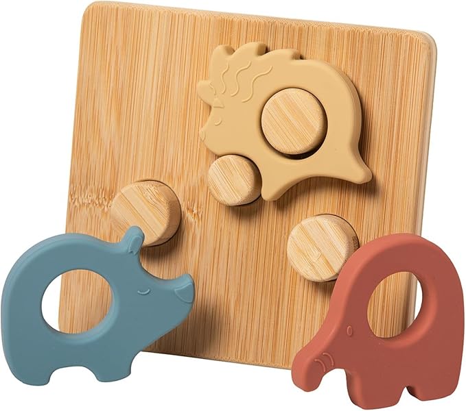Mary Meyer Baby and Toddler Toys Simply Silicone Sorting Puzzle with Bamboo Base for 12+ Months Old Preschool Gifts, 7 x 6-Inches