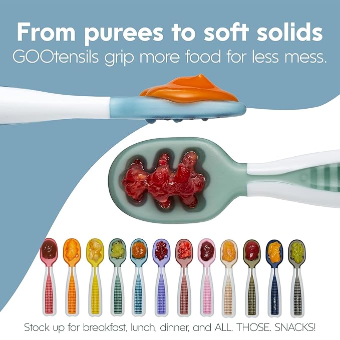 NumNum Baby Spoons Set, Pre-Spoon GOOtensils for Kids Aged 6+ Months - First Stage, Baby Led Weaning (BLW) Spoon - Self Feeding, Silicone Toddler Food Utensils - 3 Spoons, Pink/Yellow/Orange