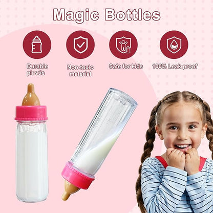 5 Pcs Baby Doll Accessories Doll Feeding Set | Disappearing Magic Milk & Juice Bottles, Pacifier 2 Bibs