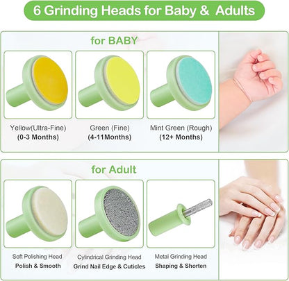 OTTOLIVES Baby Nail Trimmer Electric Newborn Toddler, Safe Baby Nail Clippers Set with Light and 6 Replacement Heads, Baby Nail File Trim Polish Toes Fingernails Care Infant Essentials(Green)