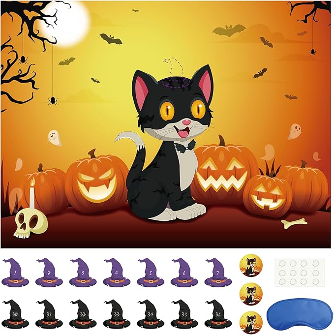 Morcheiong Halloween Game Pin The Tail on The Cat Game 36 Hats,