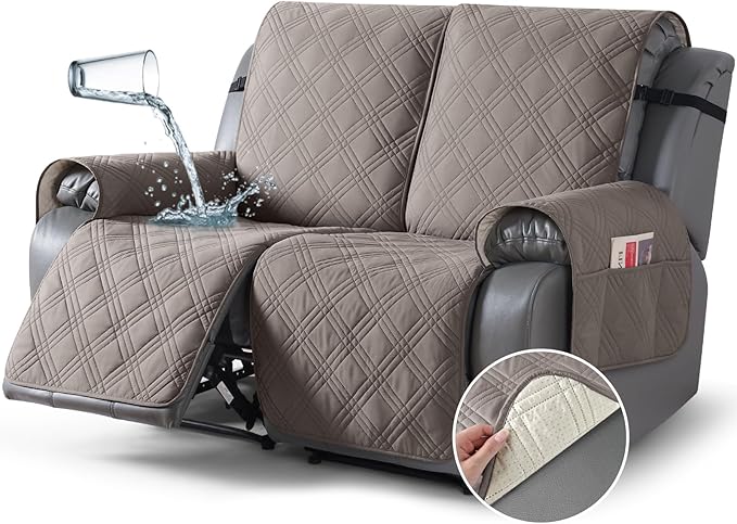 TAOCOCO 100% Waterproof Loveseat Recliner Cover, Non Slip Split Recliner Couch Cover with Elastic Straps, Washable Reclining Sofa Cover Furniture Protector for Kids, Dogs, Pets(2 Seater, Light Brown)