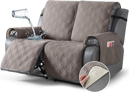 TAOCOCO 100% Waterproof Loveseat Recliner Cover, Non Slip Split Recliner Couch Cover with Elastic Straps, Washable Reclining Sofa Cover Furniture Protector for Kids, Dogs, Pets(2 Seater, Light Brown)